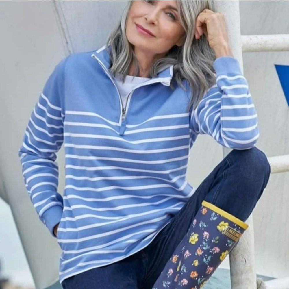 Woolovers Organic‎ Cotton Half Zip Sweatshirt Sky Stripe Blue J274L Women XS New